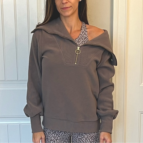 Varley Tops - Deep Charcoal (Taupe) Varley Pullover with Gold Zipper Detail